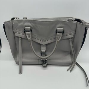 Contemporary Gray Leather Satchel with Top Handles and Shoulder Strap